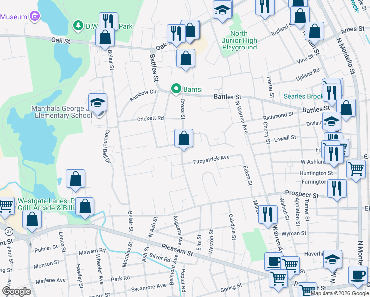 map of restaurants, bars, coffee shops, grocery stores, and more near 111 Cross Street in Brockton
