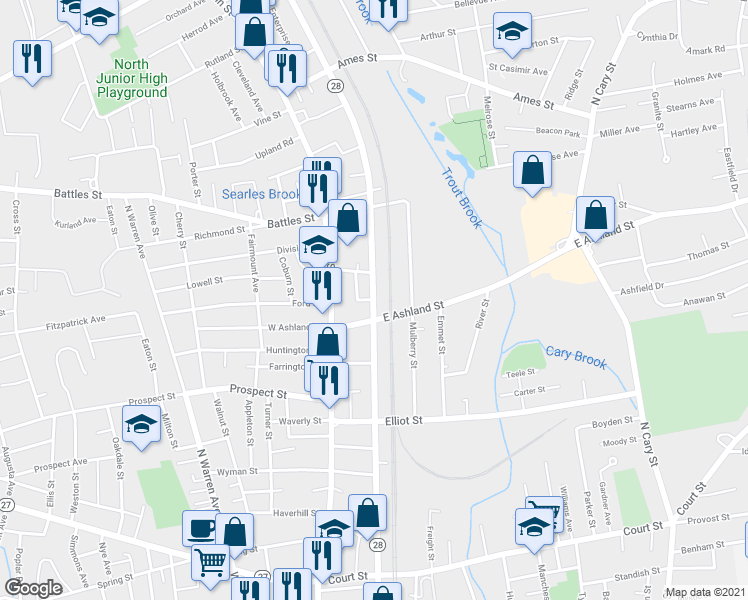 map of restaurants, bars, coffee shops, grocery stores, and more near 423 North Montello Street in Brockton