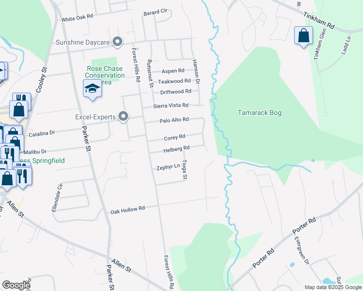 map of restaurants, bars, coffee shops, grocery stores, and more near 78 Helberg Road in Springfield