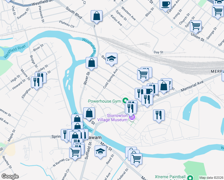 map of restaurants, bars, coffee shops, grocery stores, and more near 105 Heywood Avenue in West Springfield