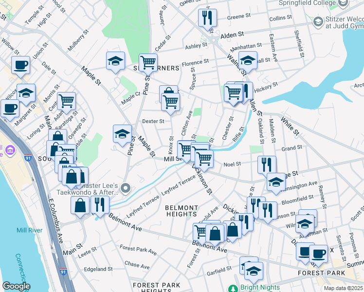 map of restaurants, bars, coffee shops, grocery stores, and more near 124 Clifton Avenue in Springfield