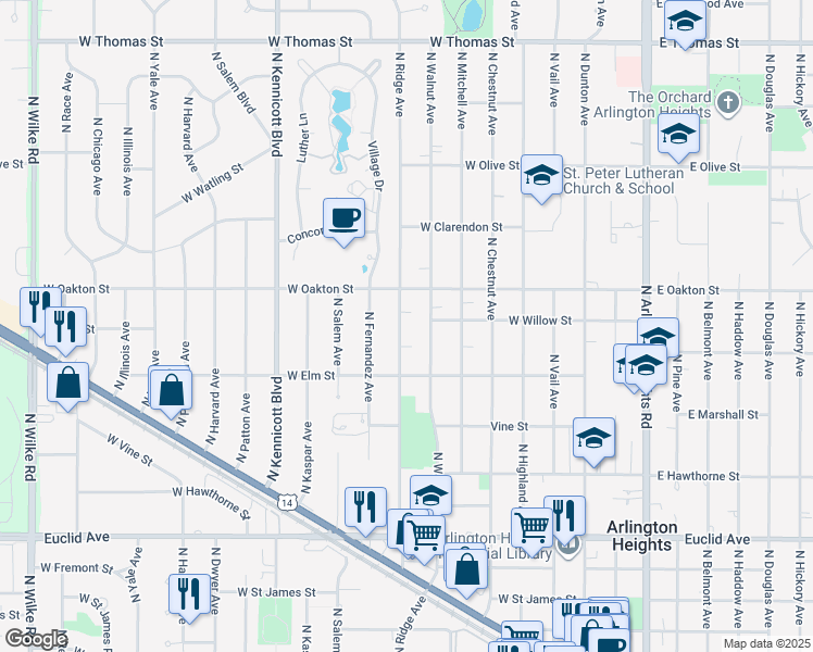 map of restaurants, bars, coffee shops, grocery stores, and more near 945 North Ridge Avenue in Arlington Heights