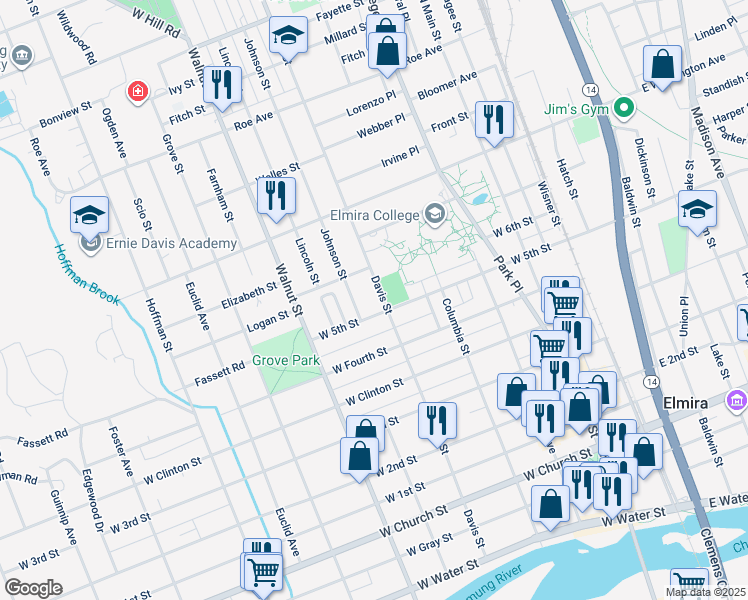map of restaurants, bars, coffee shops, grocery stores, and more near 709 Davis Street in Elmira