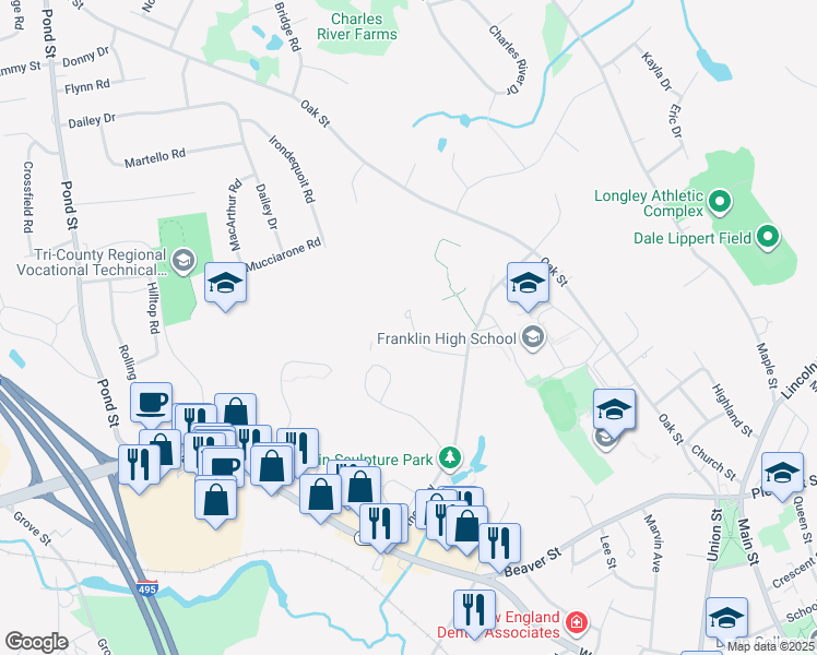 map of restaurants, bars, coffee shops, grocery stores, and more near in Franklin