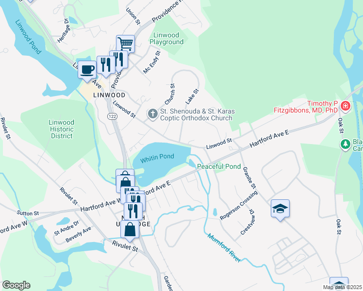 map of restaurants, bars, coffee shops, grocery stores, and more near 1 Lake Street in Uxbridge