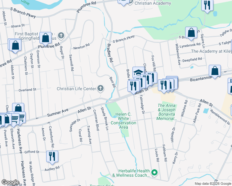 map of restaurants, bars, coffee shops, grocery stores, and more near 1330 Bradley Road in Springfield