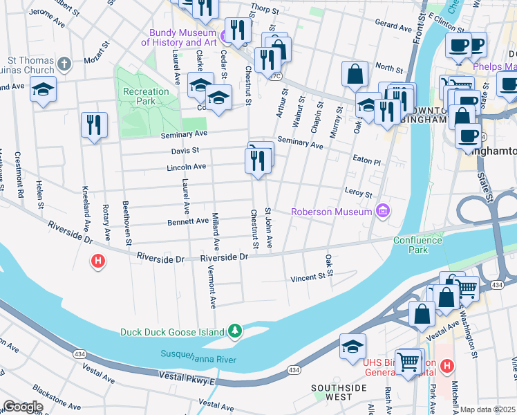 map of restaurants, bars, coffee shops, grocery stores, and more near 25 Chestnut Street in Binghamton