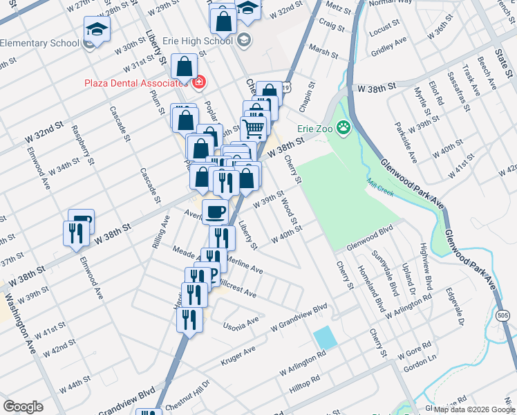 map of restaurants, bars, coffee shops, grocery stores, and more near 3901 Davenport Avenue in Erie