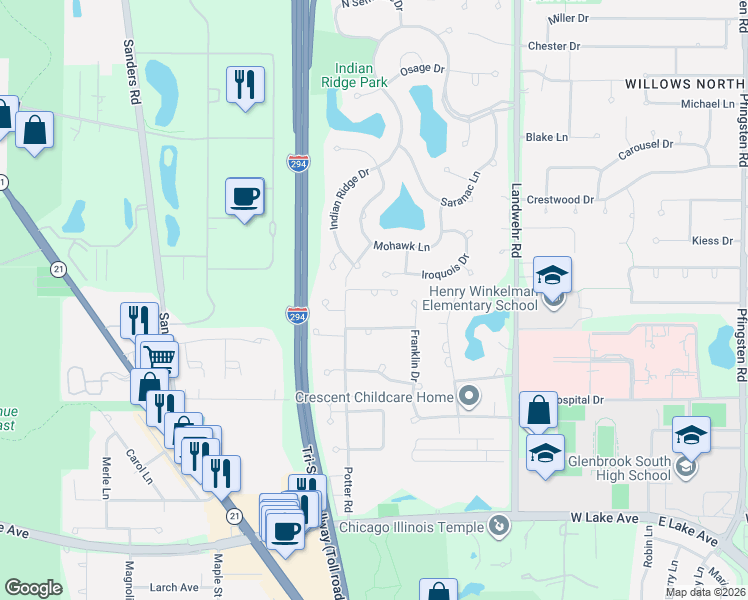 map of restaurants, bars, coffee shops, grocery stores, and more near 3465 Pynsky Road in Glenview