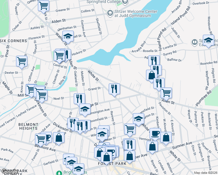 map of restaurants, bars, coffee shops, grocery stores, and more near 119 White Street in Springfield