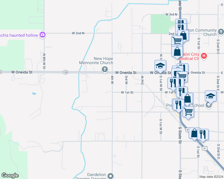 map of restaurants, bars, coffee shops, grocery stores, and more near 90 South 4th West Street in Preston