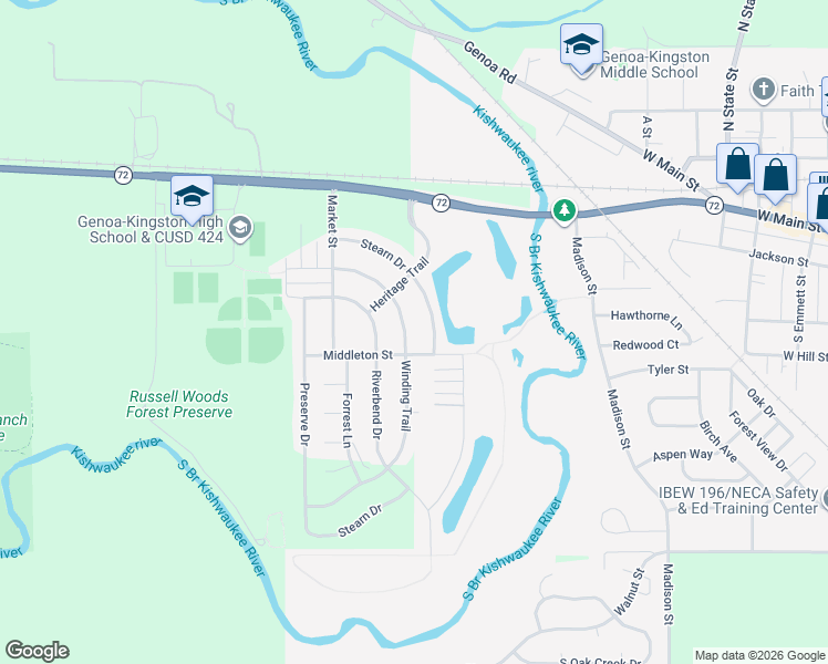 map of restaurants, bars, coffee shops, grocery stores, and more near 310 Winding Trail in Genoa