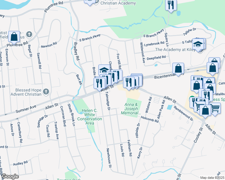 map of restaurants, bars, coffee shops, grocery stores, and more near 1398 1402 Allen St in Springfield