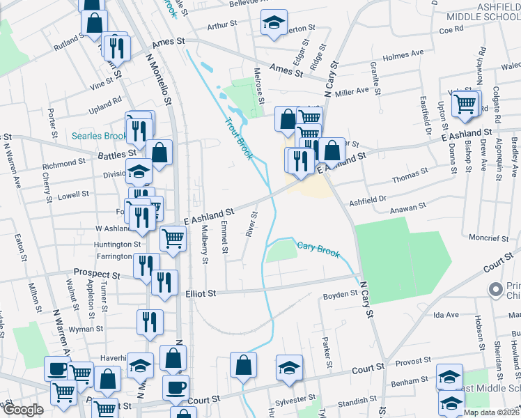 map of restaurants, bars, coffee shops, grocery stores, and more near 139 East Ashland Street in Brockton