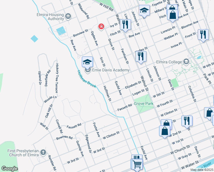 map of restaurants, bars, coffee shops, grocery stores, and more near 856 Hoffman St in Elmira