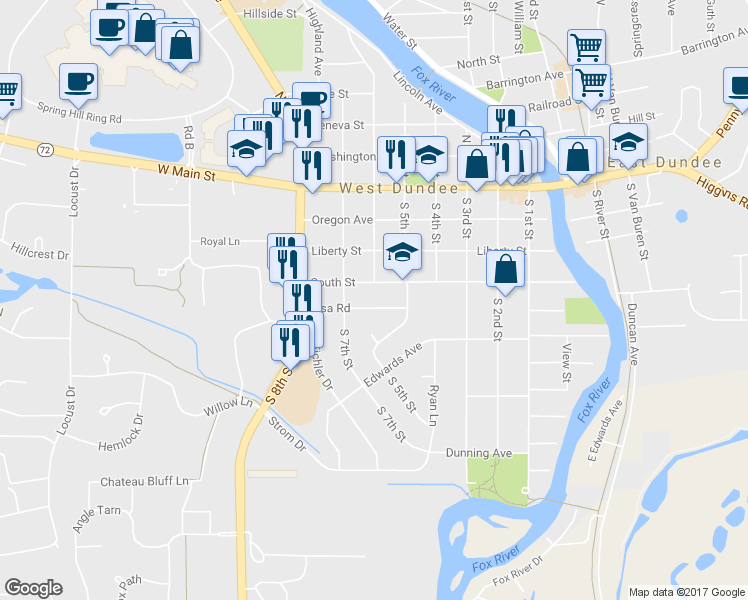 map of restaurants, bars, coffee shops, grocery stores, and more near 520 Lisa Road in West Dundee