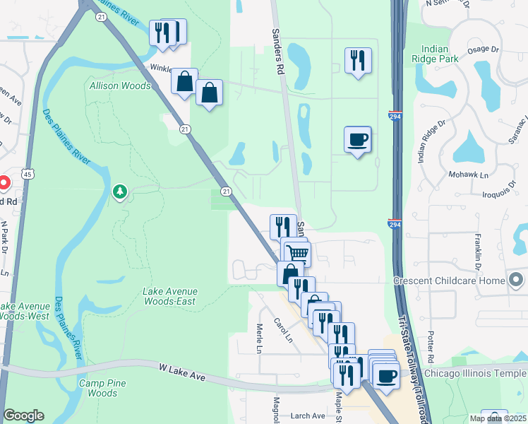 map of restaurants, bars, coffee shops, grocery stores, and more near 3219 West Parkway Drive in Northbrook