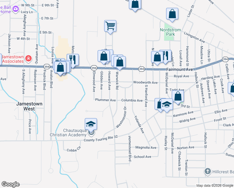 map of restaurants, bars, coffee shops, grocery stores, and more near 66 Warwick Road in Jamestown