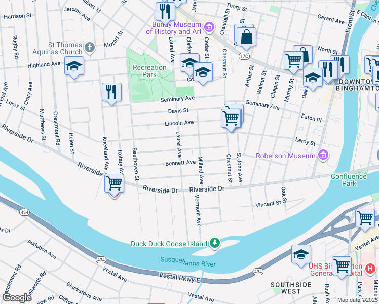 map of restaurants, bars, coffee shops, grocery stores, and more near 29 Lathrop Avenue in Binghamton