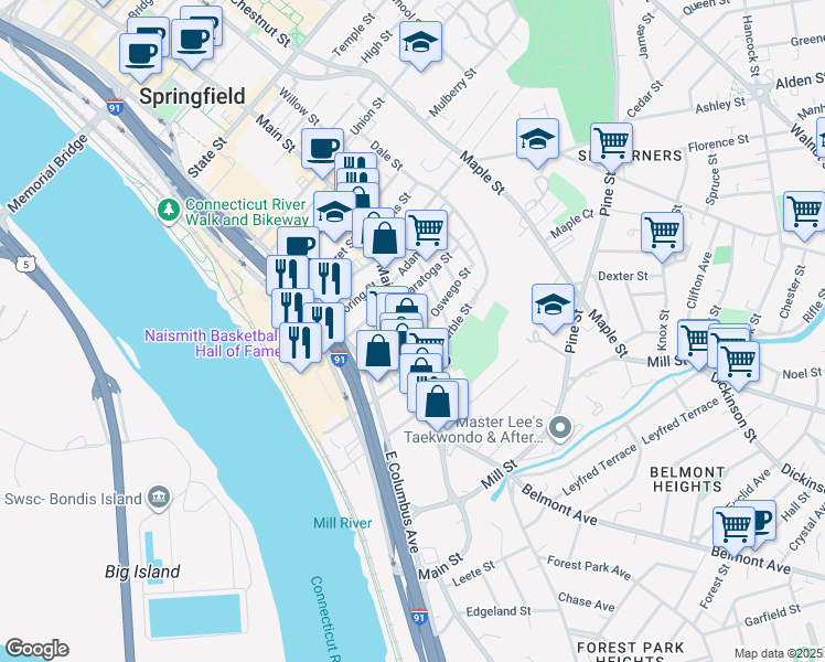 map of restaurants, bars, coffee shops, grocery stores, and more near 609-611 Main Street in Springfield