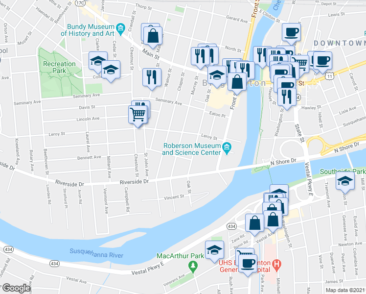 map of restaurants, bars, coffee shops, grocery stores, and more near 62 Murray Street in Binghamton