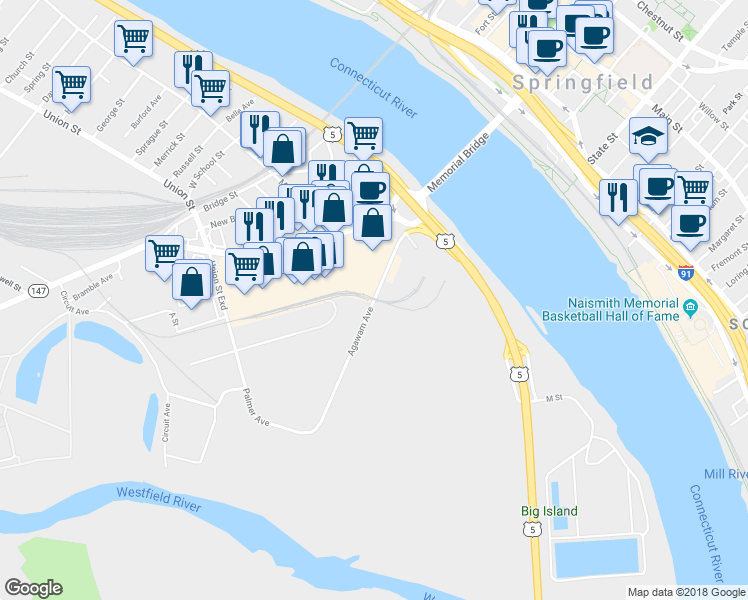 map of restaurants, bars, coffee shops, grocery stores, and more near Agawam Avenue in West Springfield