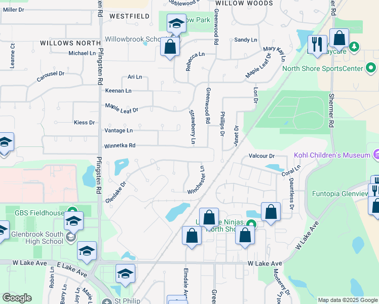 map of restaurants, bars, coffee shops, grocery stores, and more near 3339 Winnetka Road in Glenview