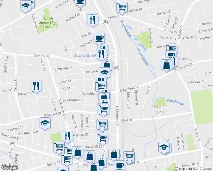 map of restaurants, bars, coffee shops, grocery stores, and more near 437 North Main Street in Brockton