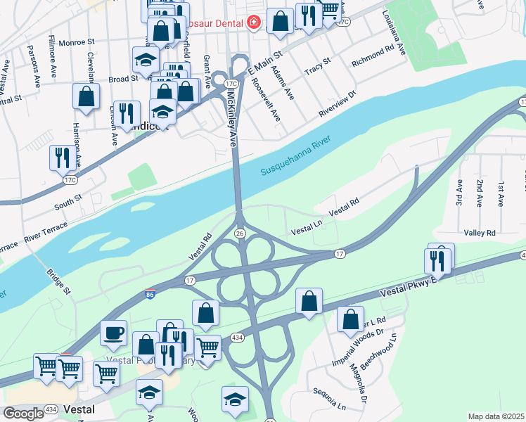 map of restaurants, bars, coffee shops, grocery stores, and more near 429 Jane Street in Vestal