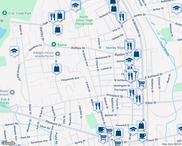 map of restaurants, bars, coffee shops, grocery stores, and more near 433 North Warren Avenue in Brockton