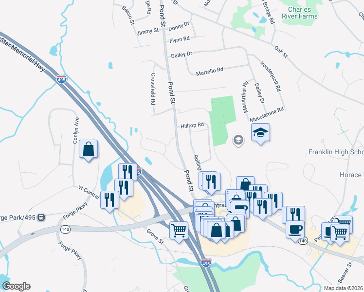 map of restaurants, bars, coffee shops, grocery stores, and more near 105 Pond Street in Franklin