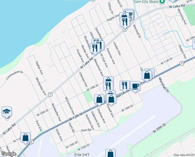 map of restaurants, bars, coffee shops, grocery stores, and more near 919 Powell Avenue in Erie