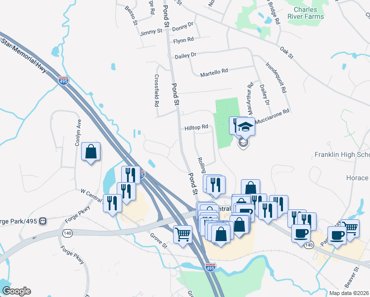 map of restaurants, bars, coffee shops, grocery stores, and more near 105 Pond Street in Franklin
