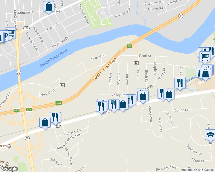 map of restaurants, bars, coffee shops, grocery stores, and more near 325 3rd Avenue in Vestal