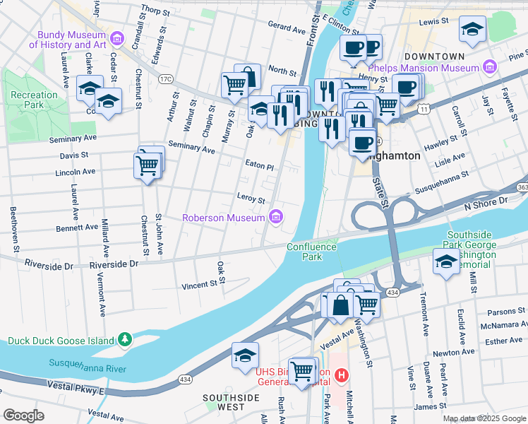 map of restaurants, bars, coffee shops, grocery stores, and more near 33 Front Street in Binghamton