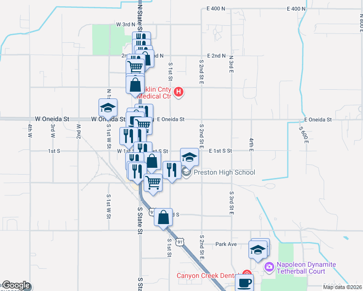 map of restaurants, bars, coffee shops, grocery stores, and more near 129 East 1st South Street in Preston