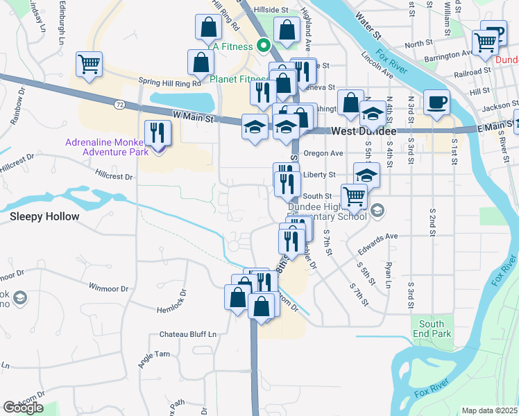 map of restaurants, bars, coffee shops, grocery stores, and more near 833 Village Quarter Road in West Dundee