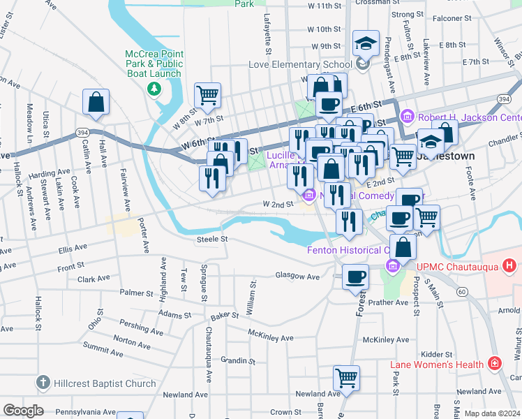 map of restaurants, bars, coffee shops, grocery stores, and more near 211-217 West 2nd Street in Jamestown