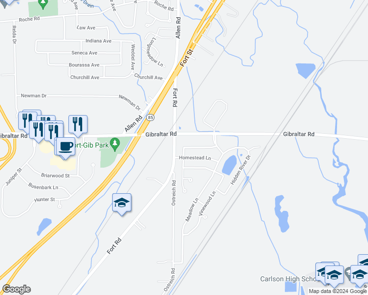 map of restaurants, bars, coffee shops, grocery stores, and more near 19899 Wildwood Ln in Gibraltar