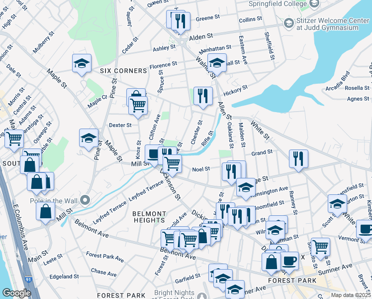 map of restaurants, bars, coffee shops, grocery stores, and more near 20 Rifle Street in Springfield