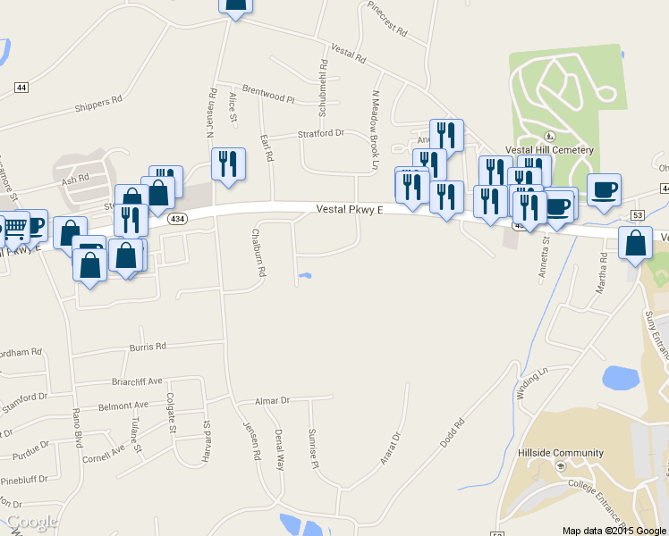 map of restaurants, bars, coffee shops, grocery stores, and more near 129 South Meadowbrook Lane in Vestal