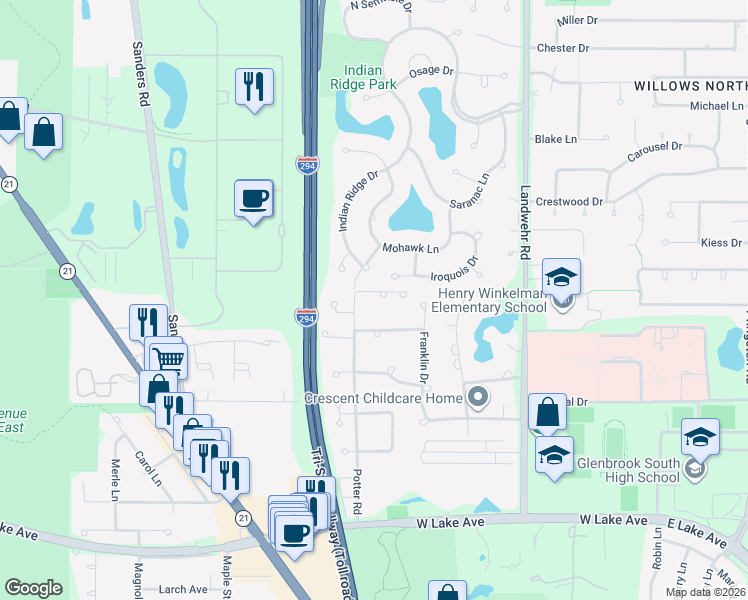 map of restaurants, bars, coffee shops, grocery stores, and more near 3465 Pynsky Road in Glenview