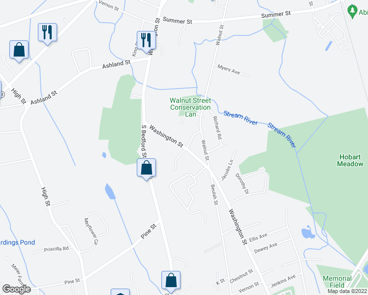 map of restaurants, bars, coffee shops, grocery stores, and more near 6 Washington Street in Whitman