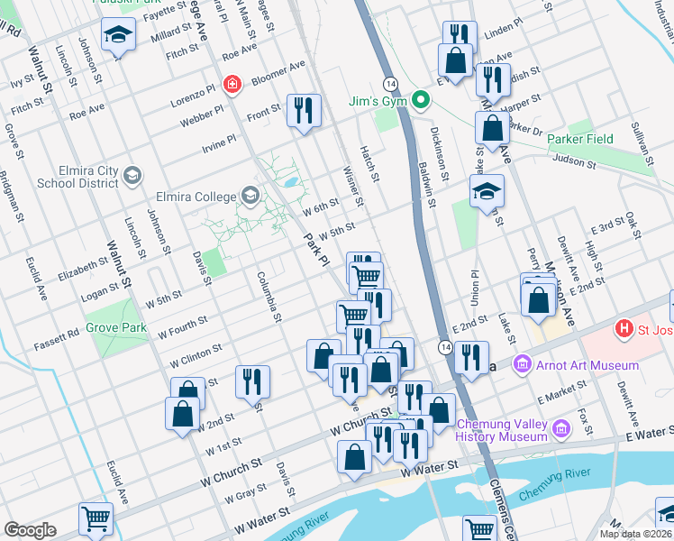 map of restaurants, bars, coffee shops, grocery stores, and more near 600-634 North Main Street in Elmira