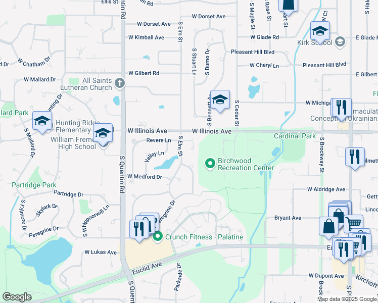 map of restaurants, bars, coffee shops, grocery stores, and more near 511 Revere Lane in Palatine