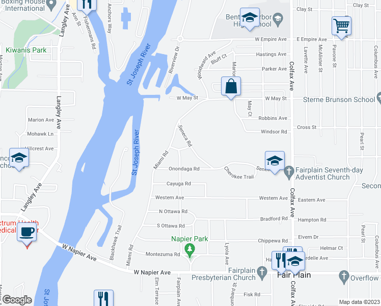 map of restaurants, bars, coffee shops, grocery stores, and more near 1284 Seneca Road in Benton Harbor