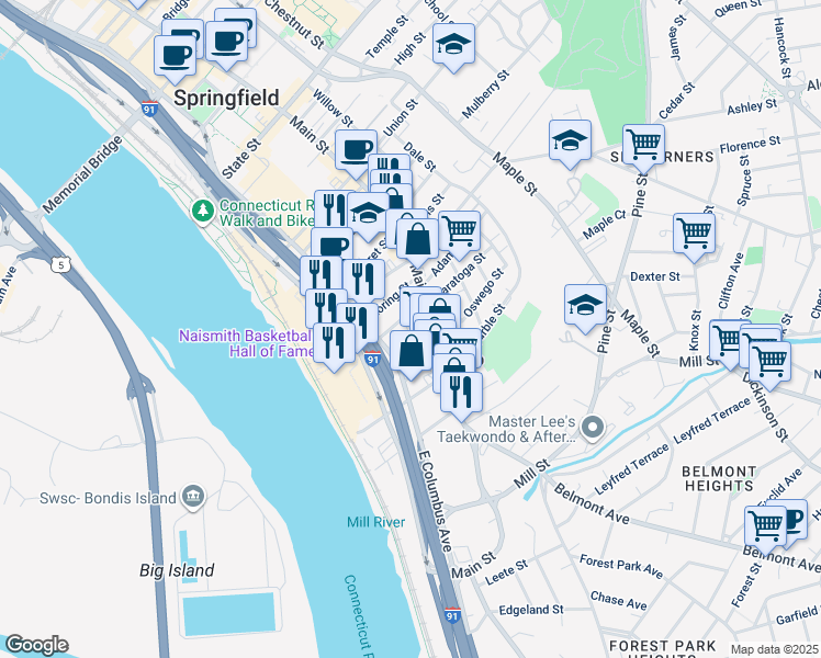 map of restaurants, bars, coffee shops, grocery stores, and more near 6 Arlington Court in Springfield