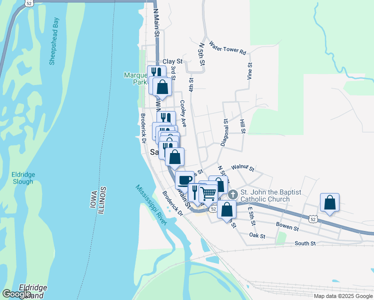 map of restaurants, bars, coffee shops, grocery stores, and more near 243 Madison Street in Savanna
