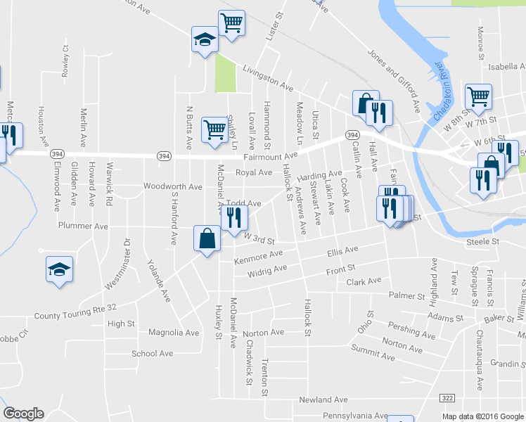 map of restaurants, bars, coffee shops, grocery stores, and more near 737 Harding Avenue in Jamestown