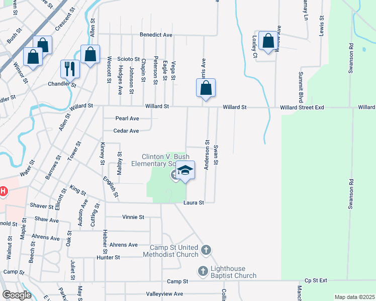 map of restaurants, bars, coffee shops, grocery stores, and more near 20 Crestline Drive in Jamestown
